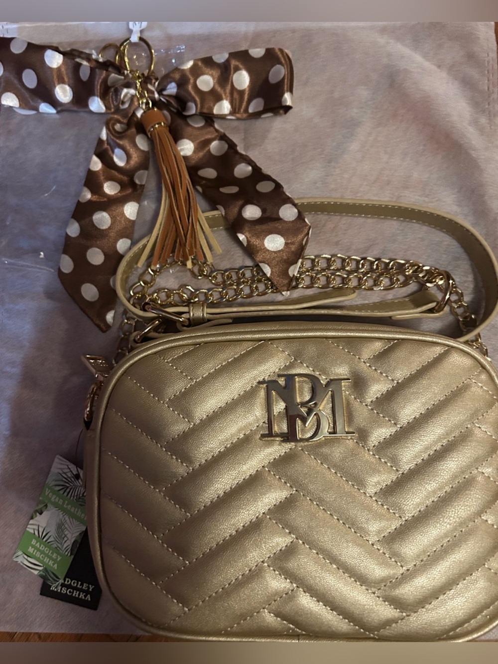 Badgley Mischka quilted chevron crossbody bag in metallic gold bow bag charm NWT